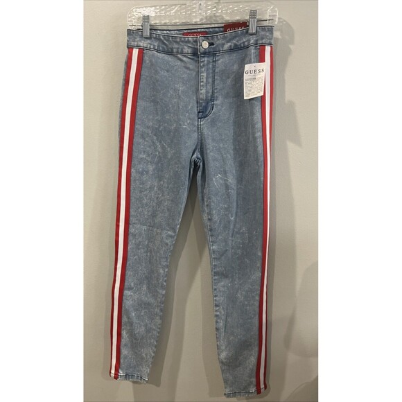 Guess LA Jeans Women's US 28 Red White Blue Side Stripe Metal Triangle Red tag - Picture 1 of 6